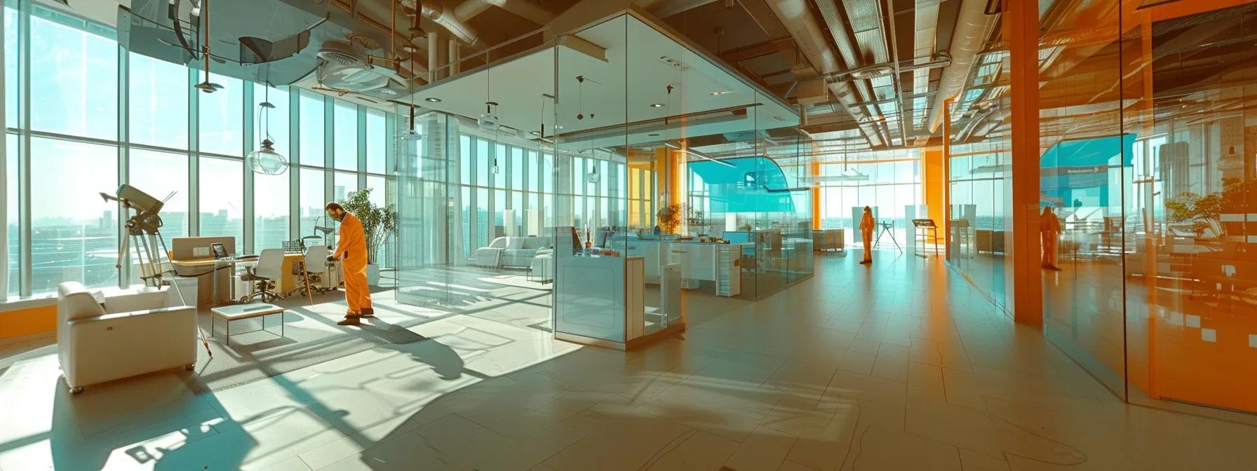 a vibrant office space is captured in a wide-angle view, showcasing a professional cleaning team in action, equipped with specialized tools and eco-friendly products, as they methodically sanitize desks and communal areas under bright, focused interior lighting.