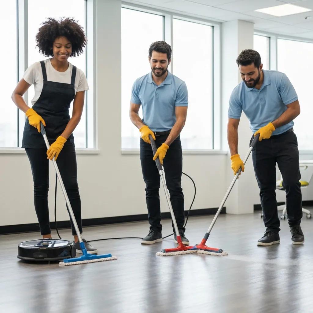 Professional cleaning team demonstrating thoroughness in an office, reflecting high client satisfaction with cleaning services